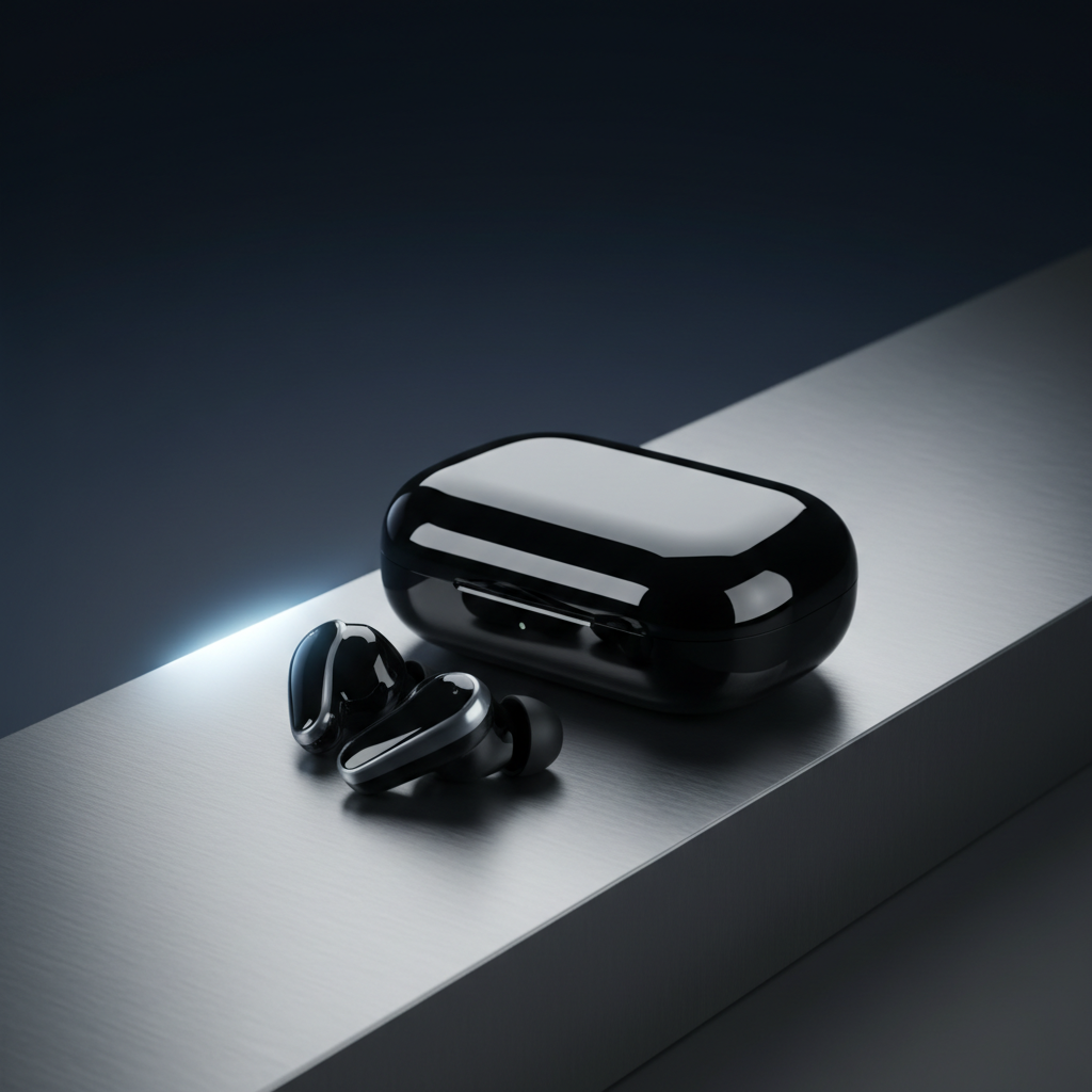 An ultra-modern pair of wireless earbuds in a glossy obsidian charging case sits on a brushed aluminum surface, with a precision-milled edge cutting diagonally across the frame. Behind, a softly blurred gradient backdrop transitions from deep navy to rich charcoal, giving a limitless, futuristic feel. A narrow beam of cool, directional studio light from the left creates sharp highlights along the earbuds’ curves and precise reflections on the metal surface, while the opposite side falls into elegant shadow. Captured from a low, three-quarter angle with a shallow depth of field, the image feels dynamic and powerful. Photographic realism with a polished, high-tech aesthetic, perfect for showcasing tech product photography.