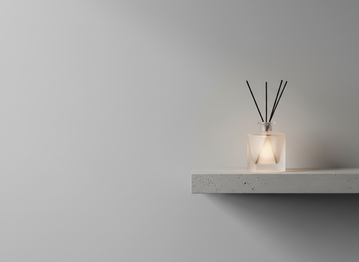 A geometric, frosted-glass fragrance diffuser with slender black reeds stands on a narrow, floating concrete shelf against a smooth, dove-gray wall. The concrete has subtle pores and irregularities, adding tactile interest, while the glass softly glows from within as backlighting passes through it. A large, diffused light source from the left mimics overcast daylight, casting barely-there shadows and a tranquil, even illumination. The composition is minimalist and asymmetrical, with generous negative space on one side, inviting overlay text. Photographic realism with a serene, design-forward aesthetic that reflects a sophisticated product photography style and the promise of living limitlessly through refined details.