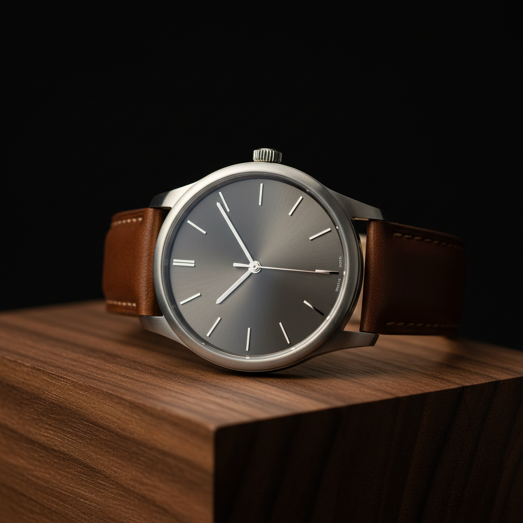A single, impeccably crafted leather watch with a brushed steel case rests on a dark walnut block, the fine grain of the wood running horizontally beneath it. The watch face is minimal, with slim indices and a subtle sunburst texture that catches the light. A narrow band of warm, directional studio light from the right grazes the watch, creating crisp reflections on the steel bezel and a soft sheen on the leather strap. The background fades into a deep, velvety black, enhancing the sense of depth. Shot close-up at a slightly elevated angle, with a shallow depth of field isolating the watch, the mood is timeless, confident, and sophisticated, ideal for a luxury product portfolio.