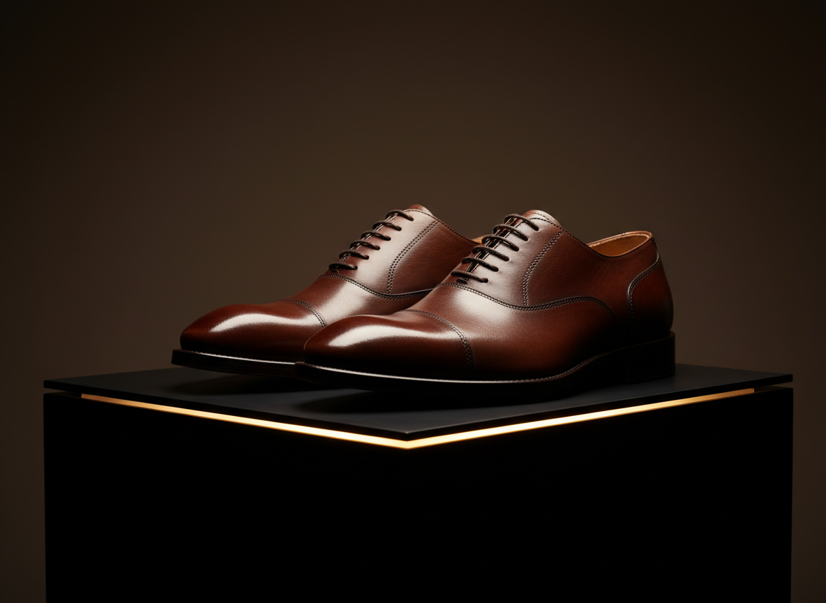 A premium pair of handcrafted leather shoes in deep espresso brown stand slightly offset on a satin-finished black acrylic plinth, their fine stitching, subtle creases, and polished toe caps clearly visible. A long, reflective strip of light runs along the plinth’s edge, echoing the elegant lines of the shoes. Dramatic side lighting from the right sculpts the leather texture and creates a rich play of highlights and shadows, while a faint fill light from the left maintains detail. The background is a seamless gradient from rich chocolate to near-black. Captured at a low, three-quarter angle with a shallow depth of field, the image feels strong and refined, ideal for showcasing high-end fashion product photography.