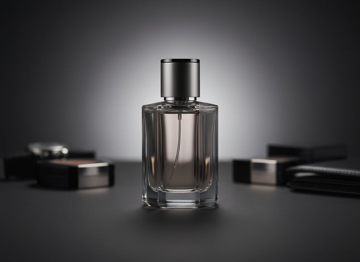 A sleek glass perfume bottle with a faceted, smoky-gray body and brushed metal cap stands centered on a matte charcoal surface. Around it, out-of-focus silhouettes of other luxury products form a subtle backdrop, suggesting a curated portfolio. Soft studio lighting from above and slightly behind creates a refined rim light along the bottle’s edges, with delicate reflections dancing in the glass. The mood is sophisticated and aspirational, embodying the idea of “Discover More, Live Limitless.” Captured at eye level with a shallow depth of field, the perfume bottle is in razor-sharp focus while the background melts into smooth bokeh. Photographic realism with a clean, modern aesthetic, ideal for a hero image on a product photography portfolio site.