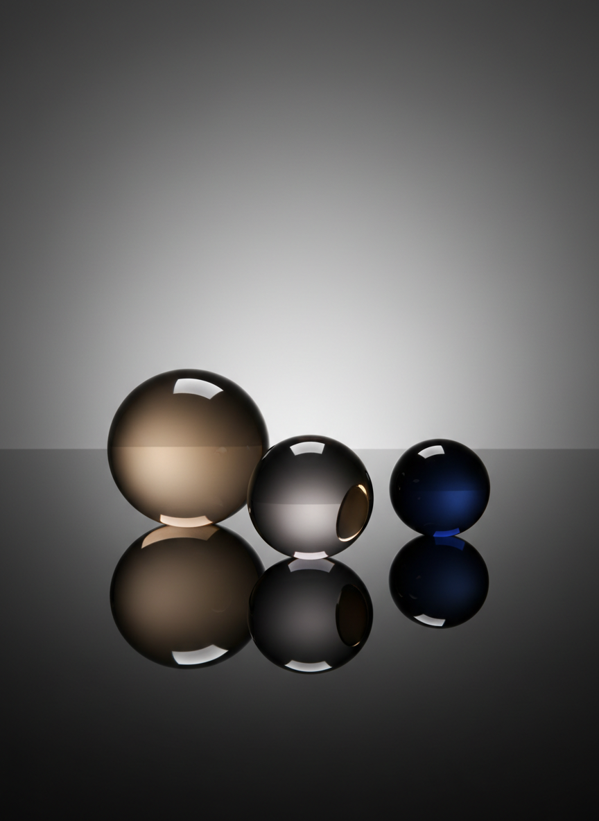 A minimalist arrangement of three reflective glass spheres in varying sizes, each with a subtle tinted hue—champagne, smoke, and ink—sits on a high-gloss black surface. The surface mirrors the spheres, creating symmetrical reflections that stretch into the foreground. Behind them, a softly glowing horizon line separates deep charcoal from a slightly lighter gray, hinting at endless space. A controlled studio light from above and slightly behind creates luminous highlights on each sphere, emphasizing their curvature and transparency. Photographed at eye level with a medium depth of field, the scene appears abstract yet luxurious. The mood is conceptual and sophisticated, ideal for a product photographer’s portfolio cover that suggests experimentation and limitless creativity.