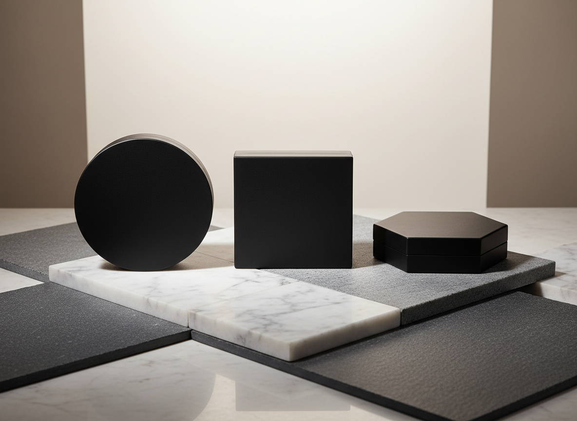 A precisely arranged trio of matte-black cosmetic compacts, each with a different geometric form—circle, square, and hexagon—rests on interlocking slabs of polished white marble and honed gray slate. The surfaces show subtle veins and textures, contrasting with the velvety finish of the compacts. A controlled, softbox studio light above and slightly to the front creates smooth gradients of light across the shapes and crisp yet soft-edged shadows. The camera captures the scene from a slightly elevated angle, using a medium depth of field so all products remain sharp while the background blurs into a soft, neutral tone. The mood is artful and editorial, communicating a sophisticated, curated product photography portfolio.