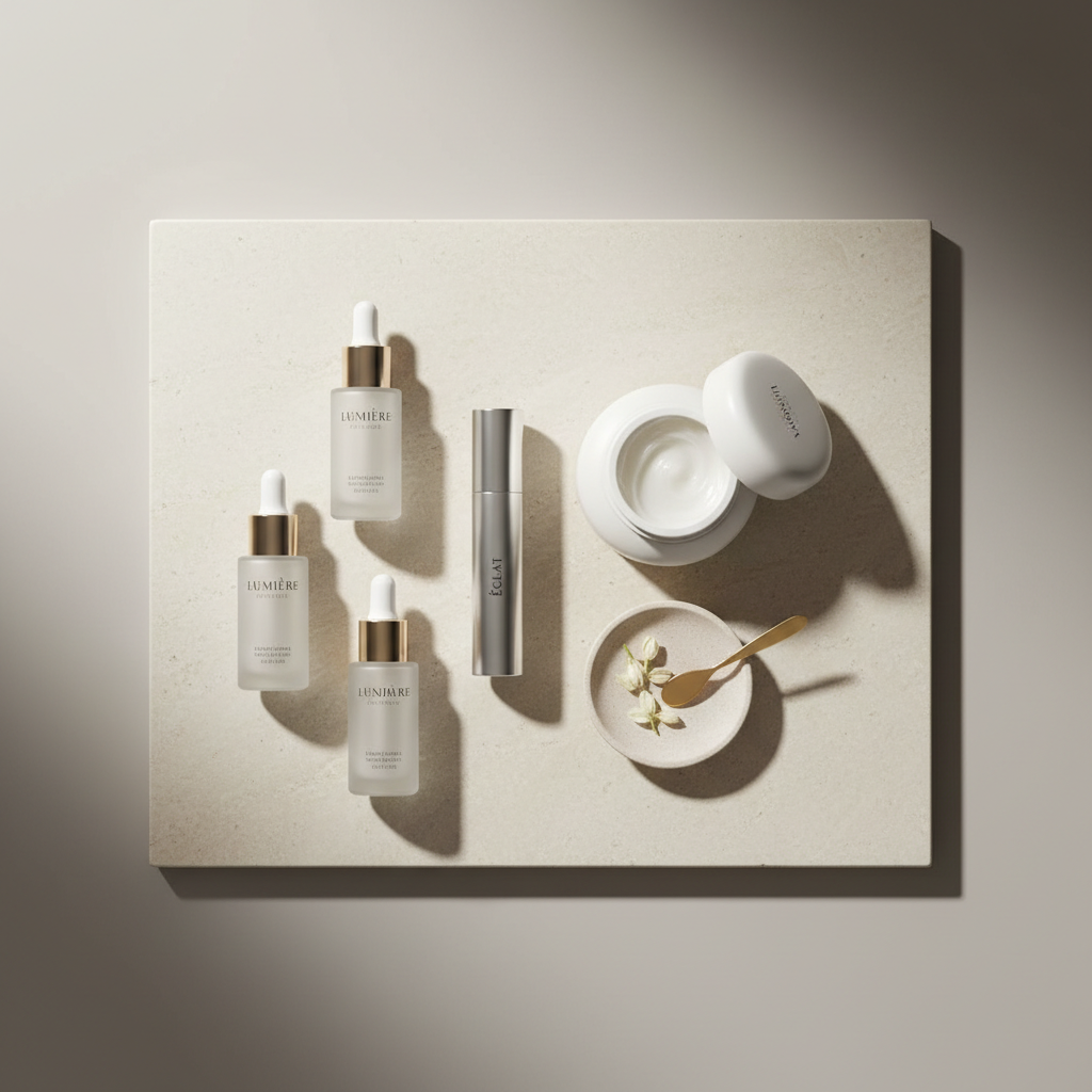 A meticulously arranged flat lay of high-end skincare products on a smooth, off-white stone slab, featuring frosted glass dropper bottles, matte porcelain jars, and a chrome-finished cylinder. Each item has distinct textures and subtle branding details, carefully angled to catch the light. Diffused overhead studio lighting creates soft highlights on the glass and metal, with gentle shadows that define form without harshness. The background fades into a seamless, warm-gray gradient, evoking a gallery-like environment. The composition follows the rule of thirds, with ample negative space for text. The atmosphere is calm, elevated, and luxurious, conveying a sophisticated photographic style for a product photography portfolio.
